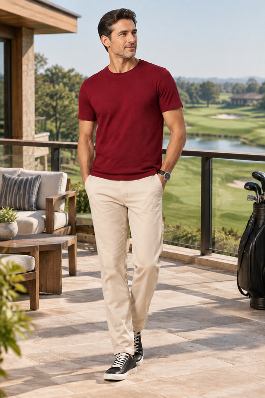 Meticulous Maroon, middle-aged model