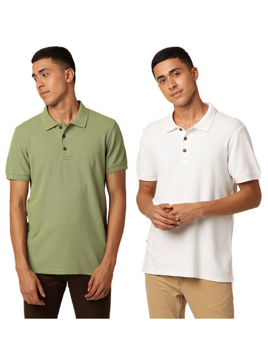 Chasm Combo Pack Organic Polo Neck T-Shirts Meraki Green and Kalon White