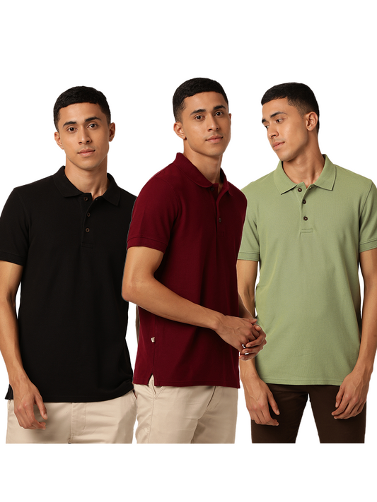 Ravine Combo Pack Organic Polo Neck T-Shirts - Maroon, Green and Black