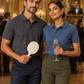 Man in stormy grey and woman in slate blue Northmist organic polo t-shirts at a private evening art auction