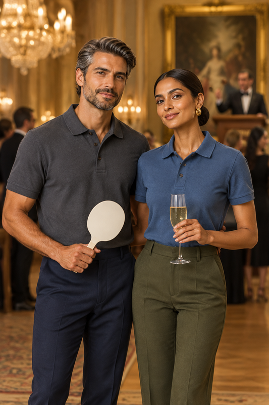 Man in stormy grey and woman in slate blue Northmist organic polo t-shirts at a private evening art auction
