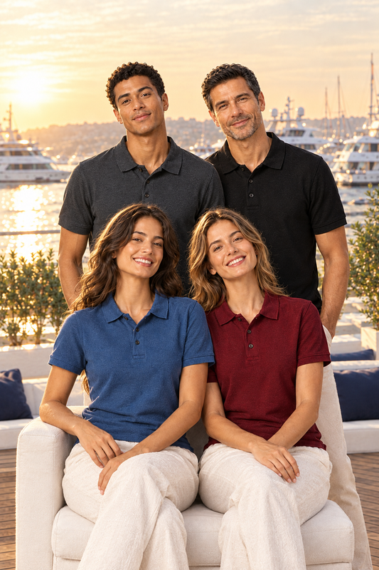 Two women and two men in slate blue, maroon, charcoal and black Northmist organic polo t-shirts on a yacht club terrace at golden hour