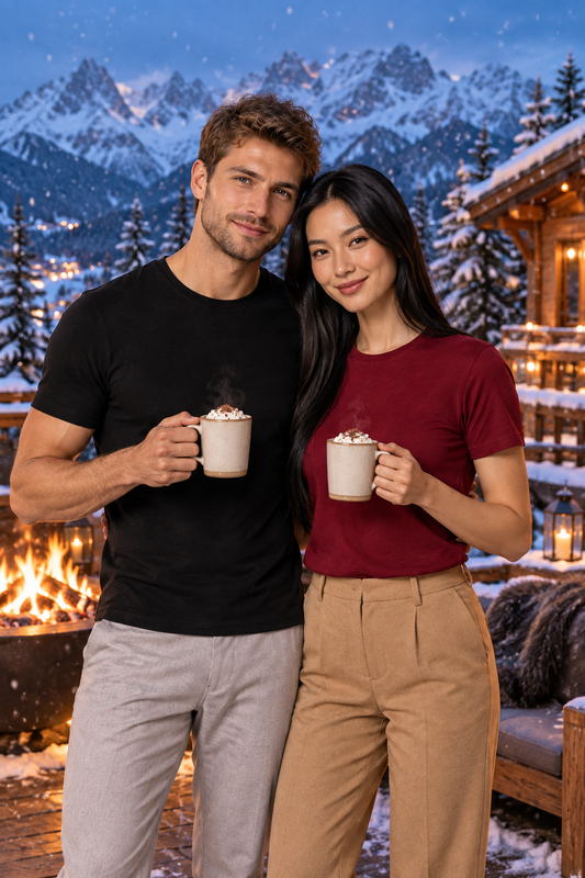 Man in black and woman in maroon Northmist organic crew neck t-shirts on an alpine chalet terrace with snowy mountains