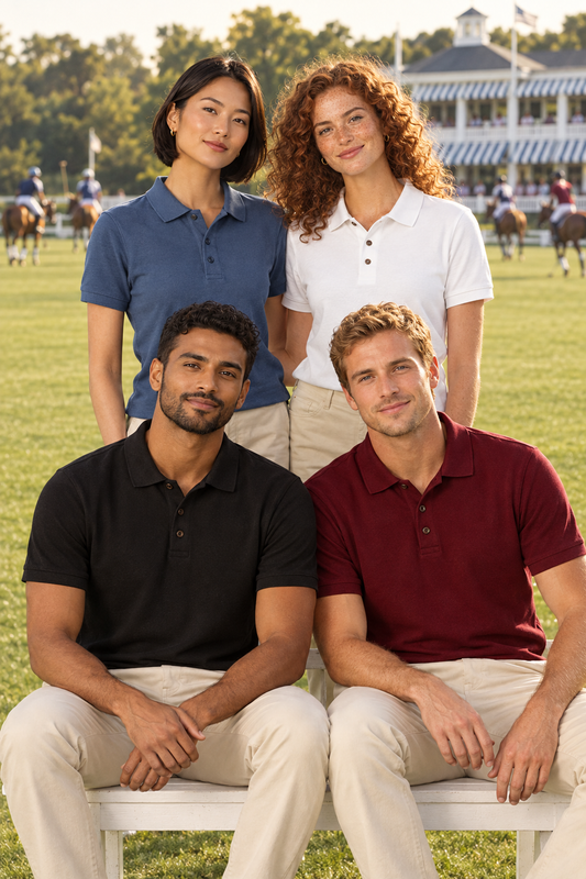 Four models in slate blue, white, black and maroon Northmist organic polo t-shirts at an exclusive polo club