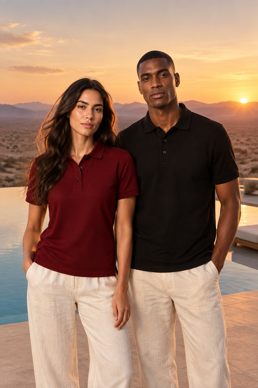 Models in maroon and black Northmist organic t-shirts at a desert estate