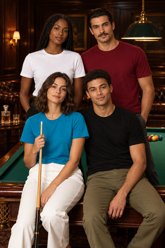 Models in Northmist organic t-shirts in a private billiards lounge
