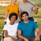 Models in grey, yellow, white and blue Northmist organic t-shirts on a private golf course