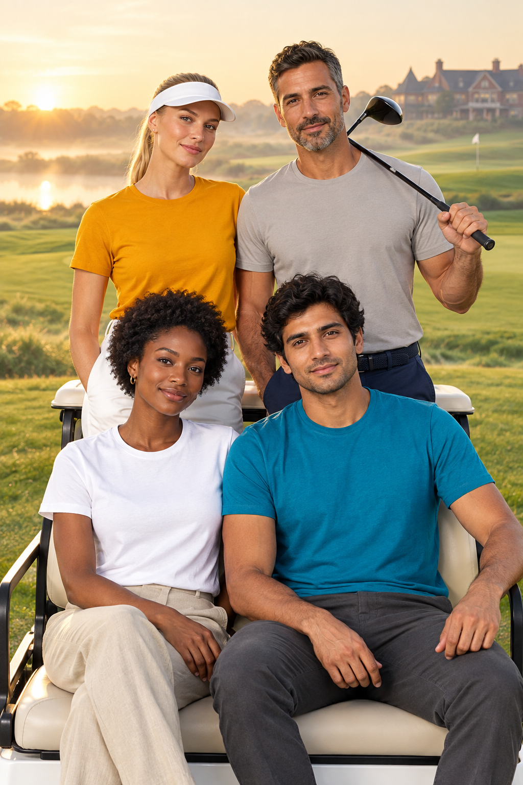 Models in grey, yellow, white and blue Northmist organic t-shirts on a private golf course