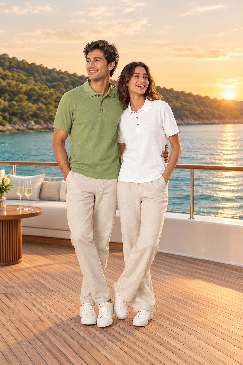 Models in Meraki green and Kalon white Northmist organic polo t-shirts on a yacht deck along a green coastline