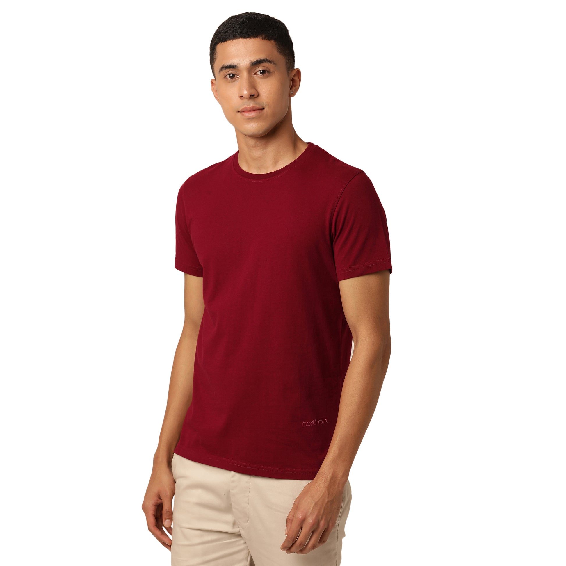 A person wearing a plain red Alpha Combo Crew Neck T-Shirt (Pack of 3) by Northmist made of organic cotton and beige pants stands against a white background. They have short dark hair and a neutral expression, with their right hand resting on their leg.